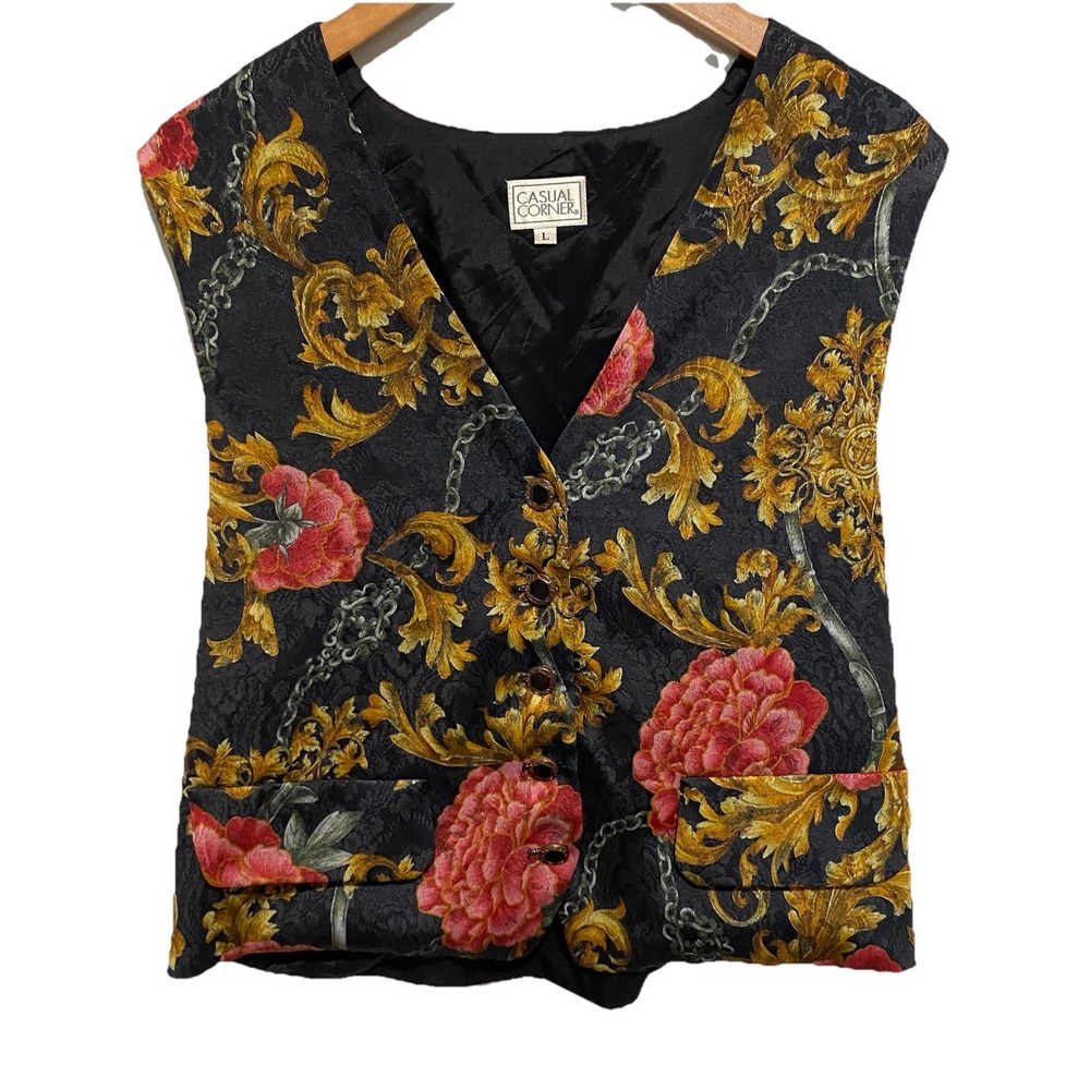 VTG Causal Corner Women's Black And‎ Floral V-Neck Vest Size L